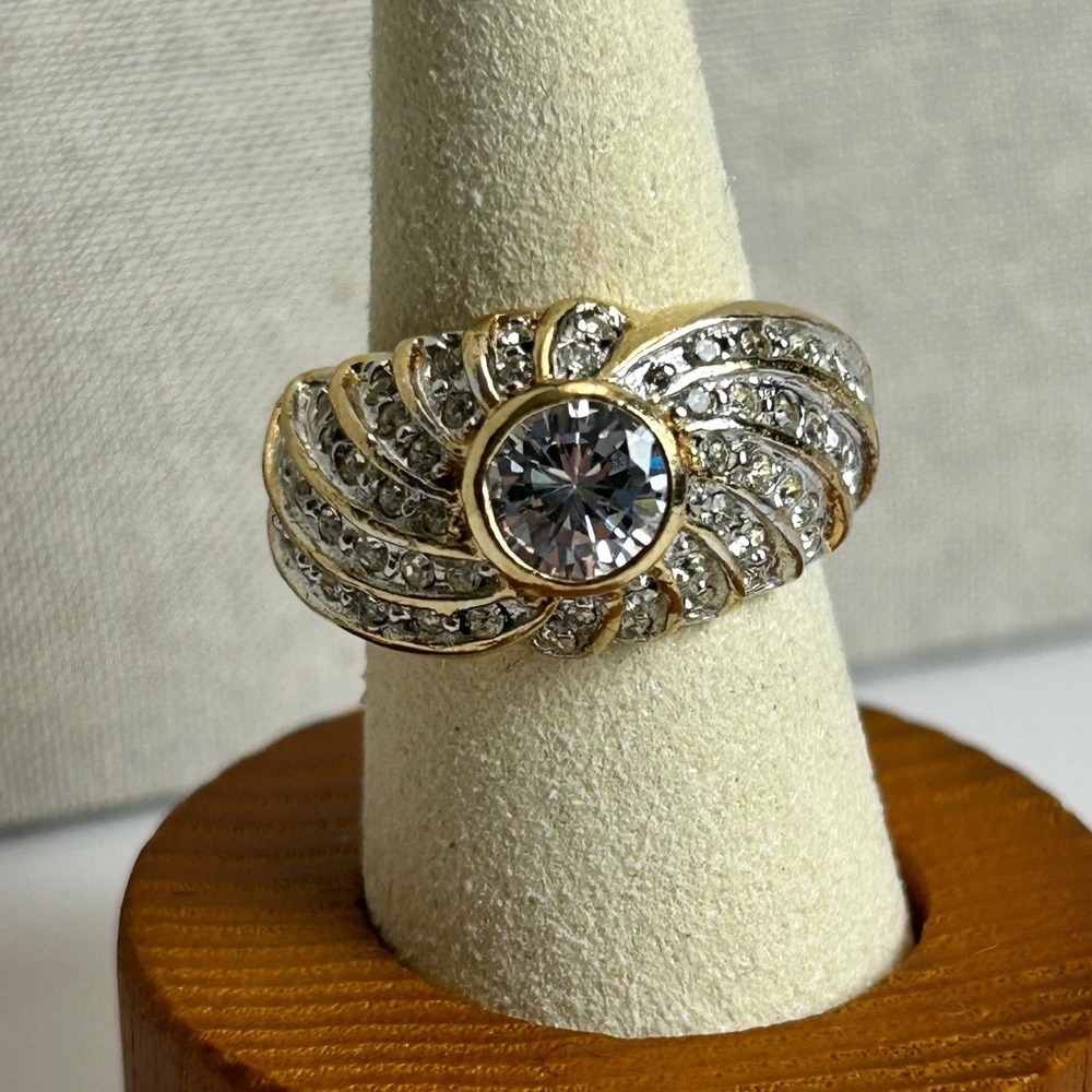 18KT HGE Gold Swirl Cocktail Ring Two Tone CZ Dome Statement Size 6.5 Vintage